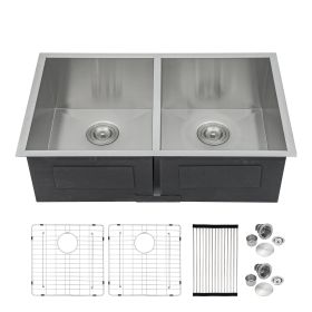 Lordear Undermount Kitchen Sink Double Bowl 18 Gauge Gunmetal Black Stainless Steel Sink - Stainless Steel - 32-5/5