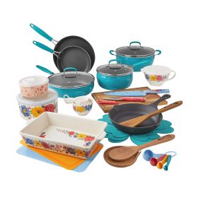 Brilliant Blooms 38-Piece Cookware Set, Teal - teal